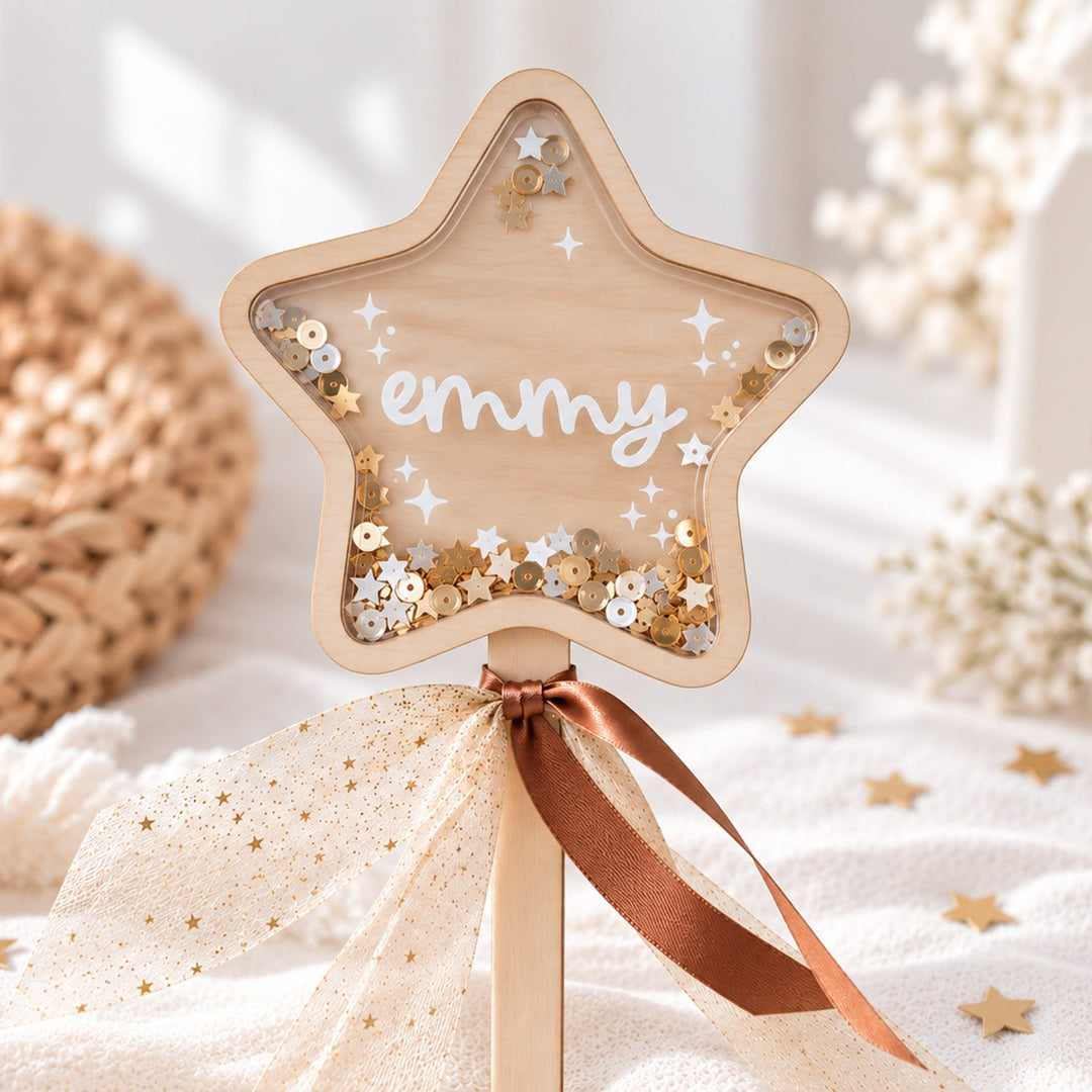 A personalized wooden star-shaped shaker candle with the name &