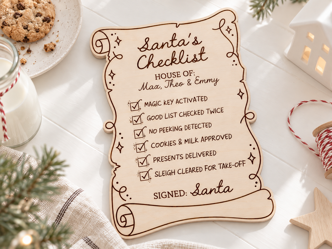 A decorative wooden sign shaped like a scroll with the text &