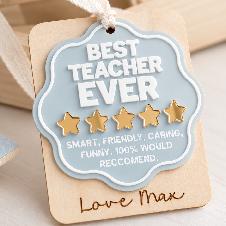 A decorative hanging tag on a wooden card that reads “BEST TEACHER EVER” with five gold stars and a short compliment, tied with a cream ribbon in a softly styled setting.