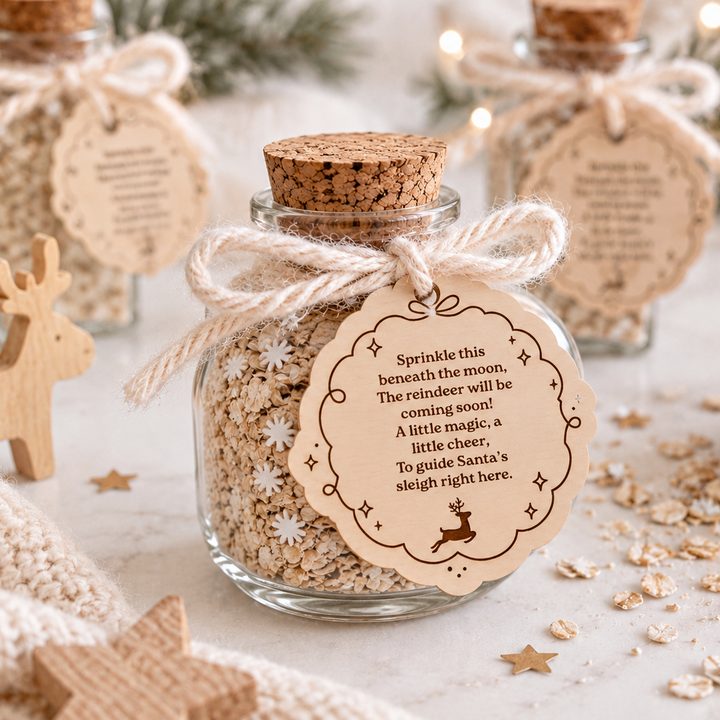 Three small glass bottles filled with oat flakes, tied with twine and topped with cork stoppers, arranged on a light surface with a decorative hangtag in front. The front tag reads, &