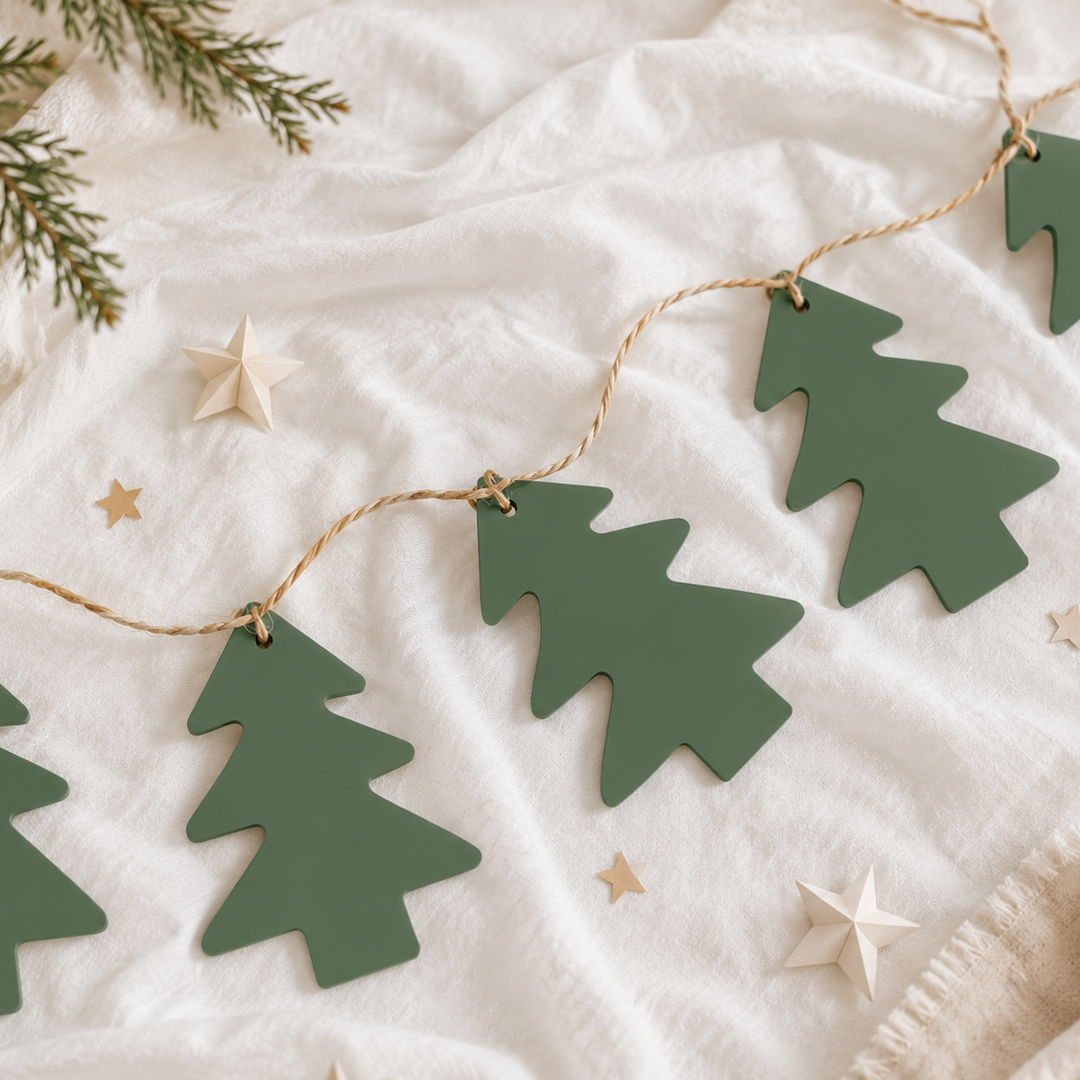 Green wooden Christmas tree garland hanging on a white fabric background with decorative paper stars and pine branches.