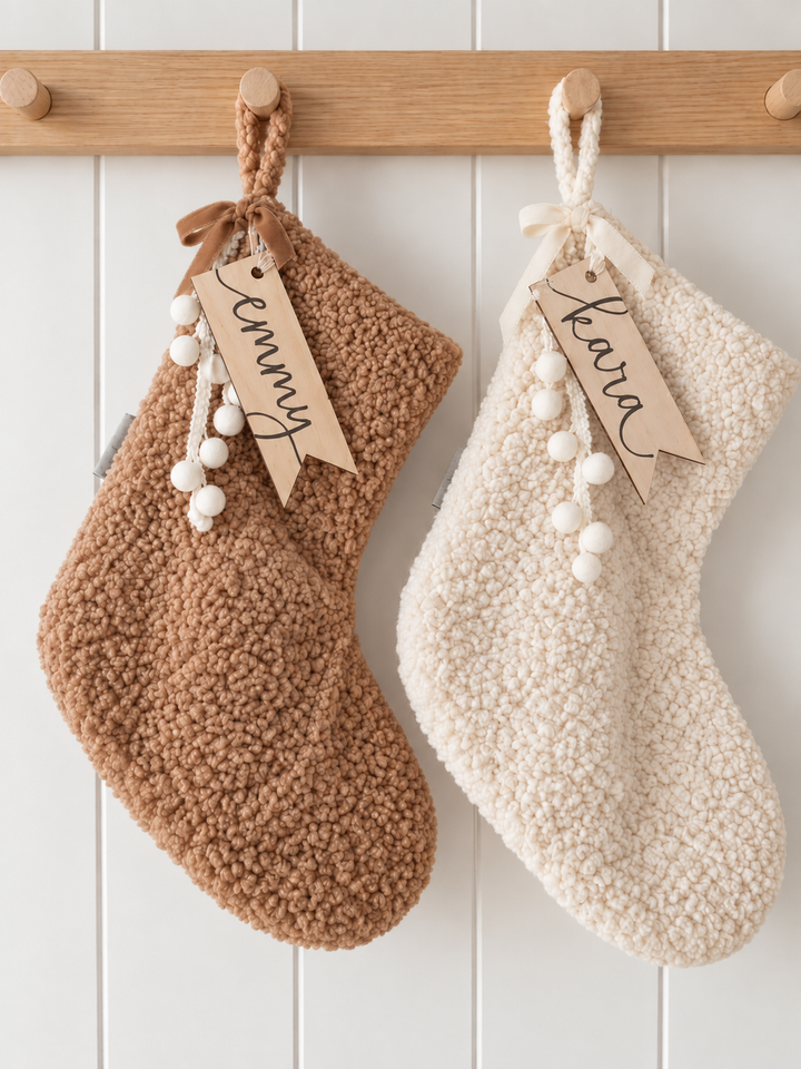 Personalised Teddy Snuggle Stockings | Handwritten Wooden Tag