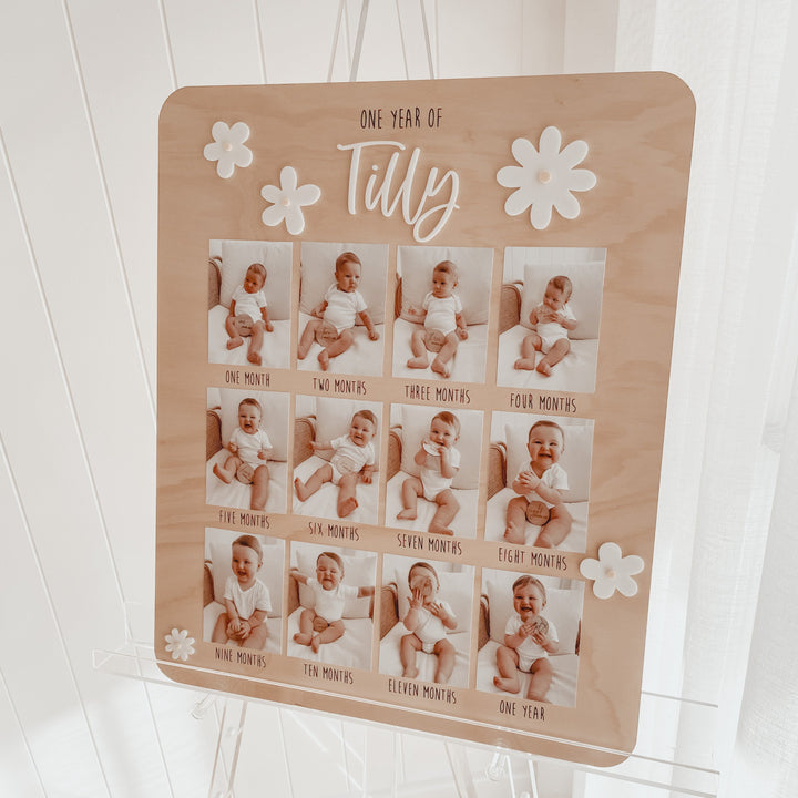 One Year Of: First Birthday Board  | White Flowers | Birthday Photo Board