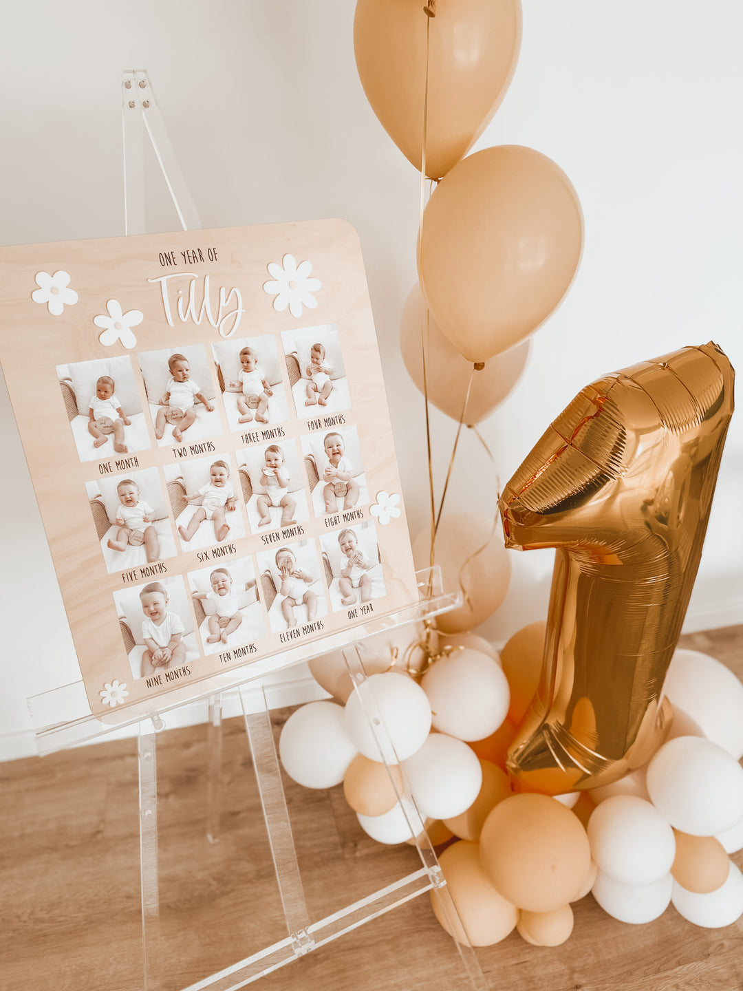 One Year Of: First Birthday Board  | White Flowers | Birthday Photo Board